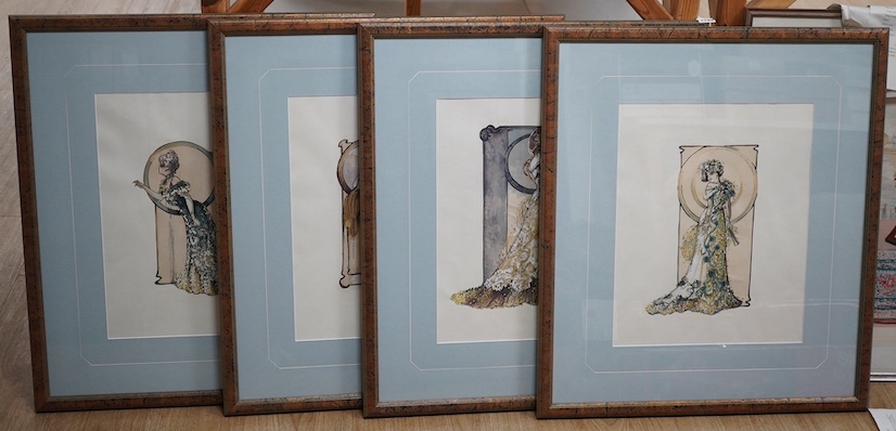 Style of Tim Goodchild, set of four colour lithographs, Full length studies of Edwardian ladies, each with gallery receipts, 45 x 37cm. Condition - good